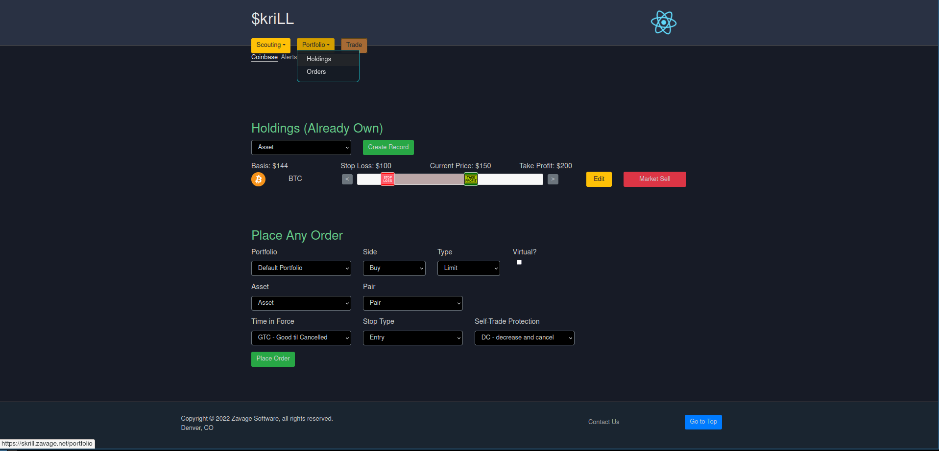 Site screenshot showing prototype trading page